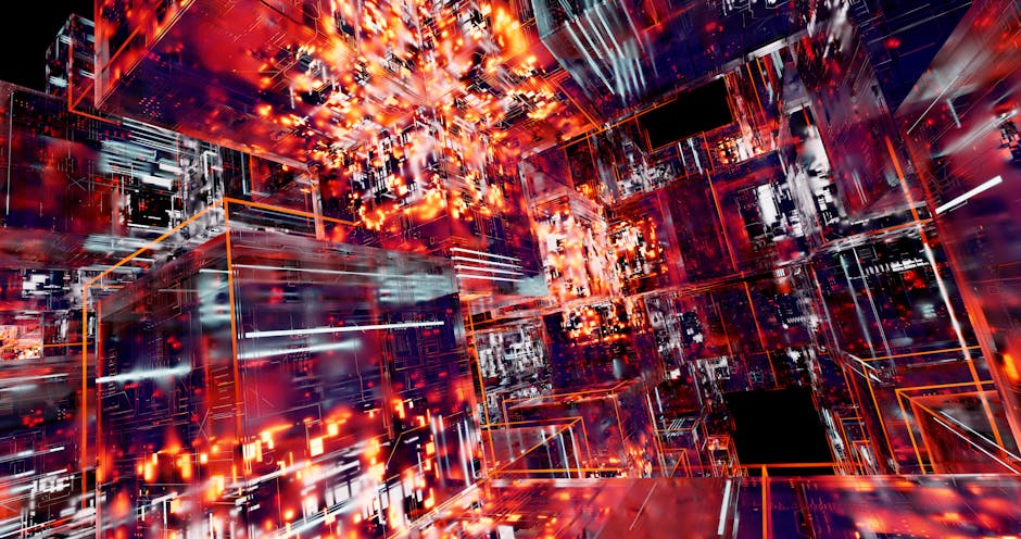 Abstract digital artwork featuring futuristic cubes with glowing neon lights and intricate patterns.